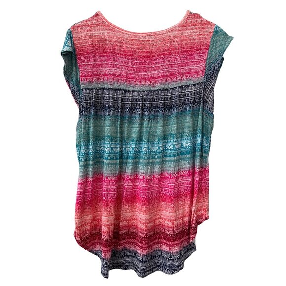 Ruff Hewn Blouse Size XL Flutter Sleeve Smocked Geometric Print Boho Pink Blue - Picture 2 of 6